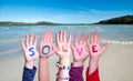 Children Hands Building Word Solve, Sea And Ocean Background Royalty Free Stock Photo