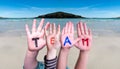 Children Hands Building Word Team, Ocean Background Royalty Free Stock Photo