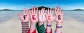 Children Hands Building Word Feier Means Celebration, Ocean Background Royalty Free Stock Photo