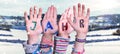 Children Hands Building Word Jahr Means Year, Snowy Winter Background