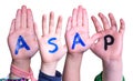 Children Hands Building Word ASAP, Isolated Background