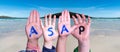 Children Hands Building Word ASAP, Ocean Background