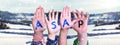 Children Hands Building Word ASAP, Snowy Winter Background