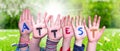 Children Hands Building Word Attest Means Attestation, Grass Meadow