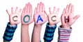 Children Hands Building Word Coach, Isolated Background