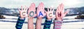 Children Hands Building Word Coach, Snowy Winter Background