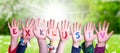 Children Hands Building Word Exklusiv means Exclusive, Grass Meadow