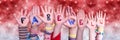 Children Hands Building Word Farewell, Red Christmas Background