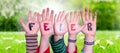 Children Hands Building Word Feier Means Celebration, Grass Meadow Royalty Free Stock Photo