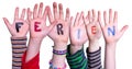 Children Hands Building Word Ferien Means Holidays, Isolated Background