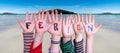 Children Hands Building Word Ferien Means Holidays, Ocean Background Royalty Free Stock Photo