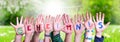 Children Hands Building Word Geheimnis Means Secret, Grass Meadow