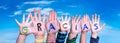 Children Hands Building Word Gracias Means Thank You, Blue Sky