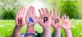 Children Hands Building Word Happy, Grass Meadow