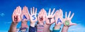 Children Hands Building Word Hashtag, Blue Sky