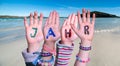 Children Hands Building Word Jahr Means Year, Ocean Background