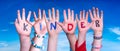 Children Hands Building Word Kinder Means Kids, Blue Sky