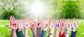 Children Hands Building Word Mindfulness, Grass Meadow