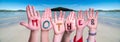 Children Hands Building Word Mother, Ocean Background