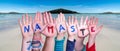 Children Hands Building Word Namaste Means Hello, Ocean Background Royalty Free Stock Photo