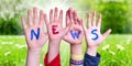 Children Hands Building Word News, Grass Meadow