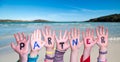 Children Hands Building Word Partner, Sea And Ocean Background Royalty Free Stock Photo