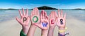 Children Hands Building Word Power, Ocean Background