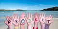 Children Hands Building Word Projekt Means Project, Sea And Ocean Background
