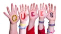 Children Hands Building Word Queer, Isolated Background