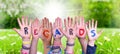 Children Hands Building Word Regards, Grass Meadow