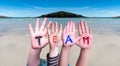 Children Hands Building Word Team, Ocean Background Royalty Free Stock Photo