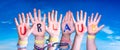 Children Hands Building Word Urlaub Means Vacation, Blue Sky