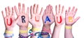 Children Hands Building Word Urlaub Means Vacation, Isolated Background