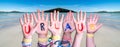 Children Hands Building Word Urlaub Means Vacation, Ocean And Sea