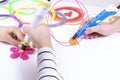 Kids hands creating new 3d object with 3d pen. Learning and entertainment at home Royalty Free Stock Photo