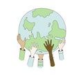 Children hands holding globe. Happy Earth Day. World Children day hand drawn card. Doodle multicultural kids hands