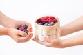 Children hands, holding raspberries and blueberries, basket with Royalty Free Stock Photo