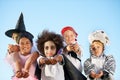 Children, hands and portrait for halloween costume for sweet candy asking, trick or treat for fantasy. Friends, group Royalty Free Stock Photo