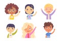 Children with hands up set, cute kids waving for saying bye or hello, happy pupils Royalty Free Stock Photo