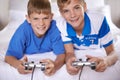 Children, happy and portrait of video game in home, love and excited for online gaming in bedroom. Young brothers, smile