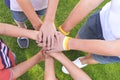 Children have combined hands together. Team work. Love and family concept, unity. Mutual assistance and friendship Royalty Free Stock Photo