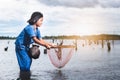 Children have fun fishing in lakel. Life style of children Royalty Free Stock Photo