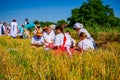 Children are having breakfast at traditional wheat harvest Royalty Free Stock Photo