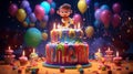 Children having fun, colorful cake, rainbow, multicolored balloons and sparkles, chocolate, sugar and candy, candles, delicious