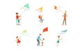 Children Having Fun with Kites Outdoors Set, Parents and Kids Spending Good Time Together in Park Cartoon Vector Royalty Free Stock Photo