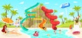 Children having fun in outdoor aquapark pool slide, people vector illustration Royalty Free Stock Photo