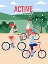 Children having fun riding bikes in park, flat cartoon vector illustration Royalty Free Stock Photo