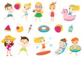 Children having summer holidays fun and outdoor beach activity. Kids enjoy seasonal vacation acitivity swim, play, tan, surf