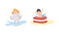 Children Having Vacation at Sea Splashing in Water Vector Set Royalty Free Stock Photo