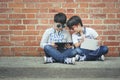 Children with headphones connected with digital tablet Royalty Free Stock Photo